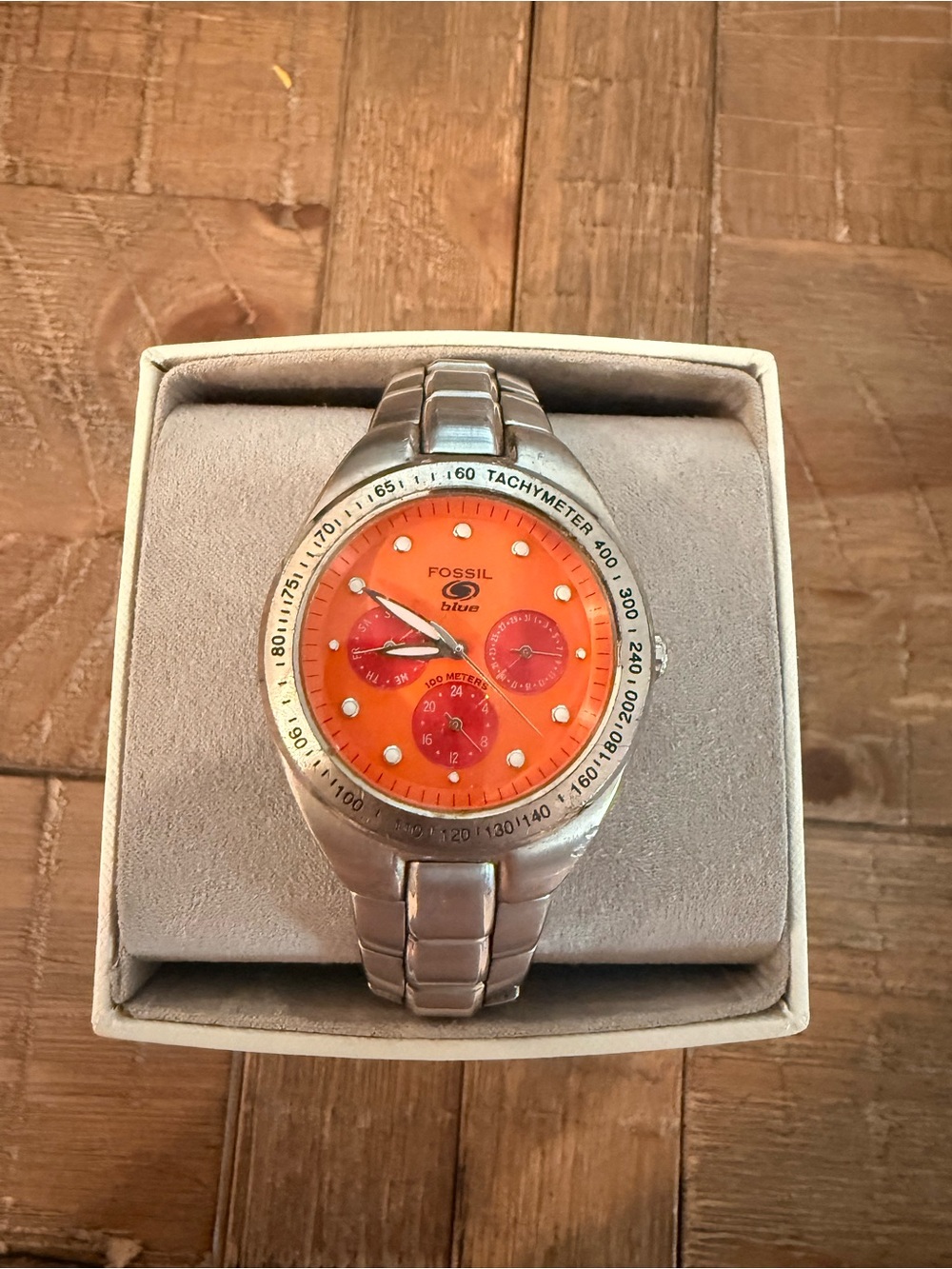 Fossil Blue Men’s Orange Dial Multifunctional watch Tachymeter 100M stainless